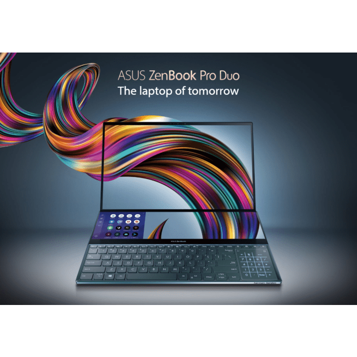 Asus ZenBook Pro Duo UX581 - 9th Gen Ci7 HexaCore Coffee Lake Processor 16GB 1-TB SSD 6-GB NVIDIA GeForce RTX 2060 GDDR6 15.6” OLED 4K NanoEdge Touchscreen DUAL Display & NumberPad Harman Kardon Sound Backlit KB W10 Pro (With Active S Pen, Celestial Blue)