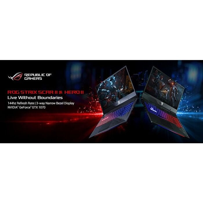 Asus ROG Strix Scar 2 - 8th Gen Ci7 HexaCore (9-MB Cache) 16GB 1TB HDD + 512 GB SSD 8-GB NVIDIA GeForce GTX 1070 GDDR5 15.6" Full HD 144Hz IPS Slim Bezel LED RGB-Backlit KB VR Ready W10