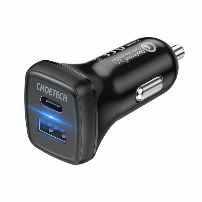 Choetech USB C Car Charger 36W 2-Port Fast USB Car Charger 18W PD & Quick Charge 3.0 – Black – TC0005