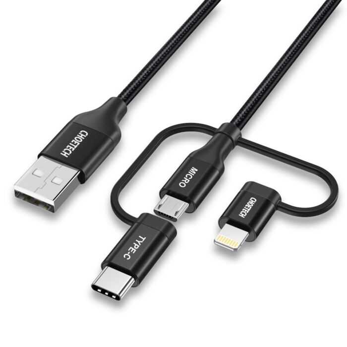 Choetech Multi USB Cable, 3 In 1 Braided Cable With Lightning / Type C / Micro USB Connector 1.2m [MFi Certified] Charge & Sync Cable – Black -IP0030