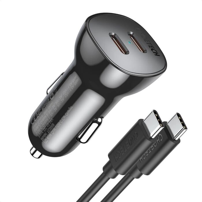 Choetech Dual USB-C Ports PD 40W Fast Car Charger – Black with Type C To Lightning Cable (1.2M/4ft) – Black (TC0008+IP0040)