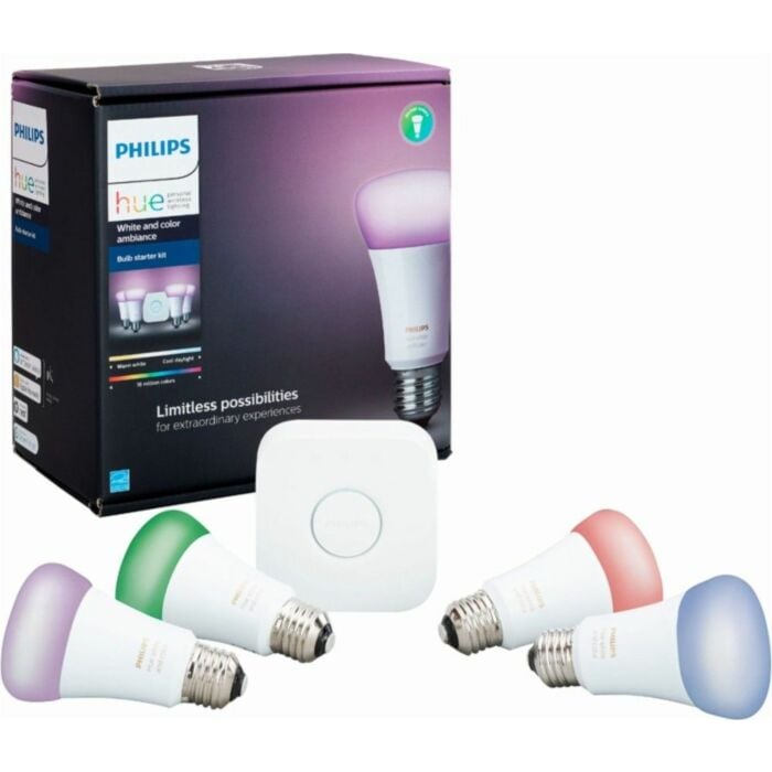 Philips - Hue White and Color Ambiance A19 LED Starter Kit - Multi (4 Bulbs - 1 Bridge)