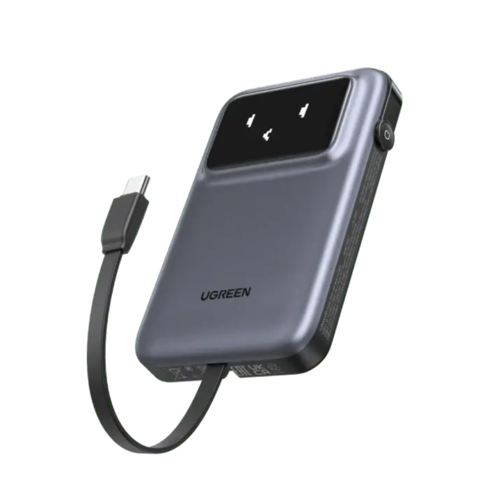 UGREEN 35603B 10000mAh 30W with Built-In USB-C Cable Power Bank (Grey, NEW)