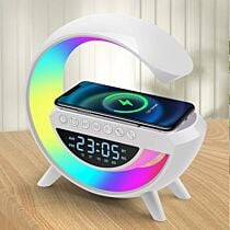 Atmosphere Night Light Wireless Phone Charger Bluetooth Speaker Alarm Clock All in One LED Table Lamp (15W, White, BT-3401)