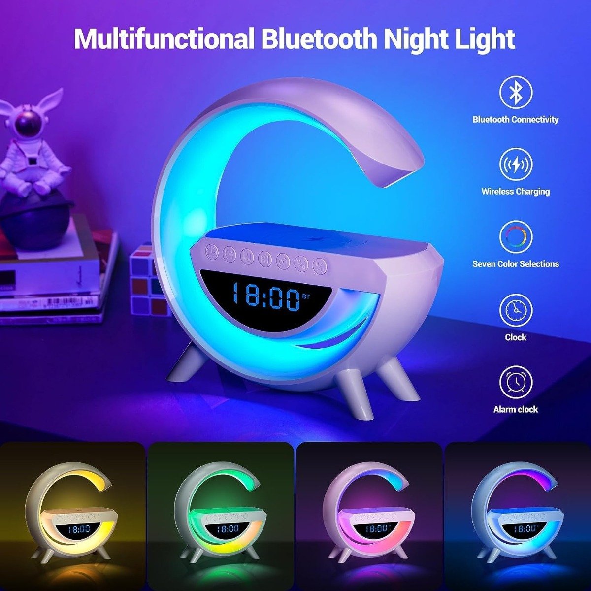 Atmosphere Night Light Wireless Phone Charger Bluetooth Speaker Alarm Clock All in One LED Table Lamp (15W, White, BT-3401)